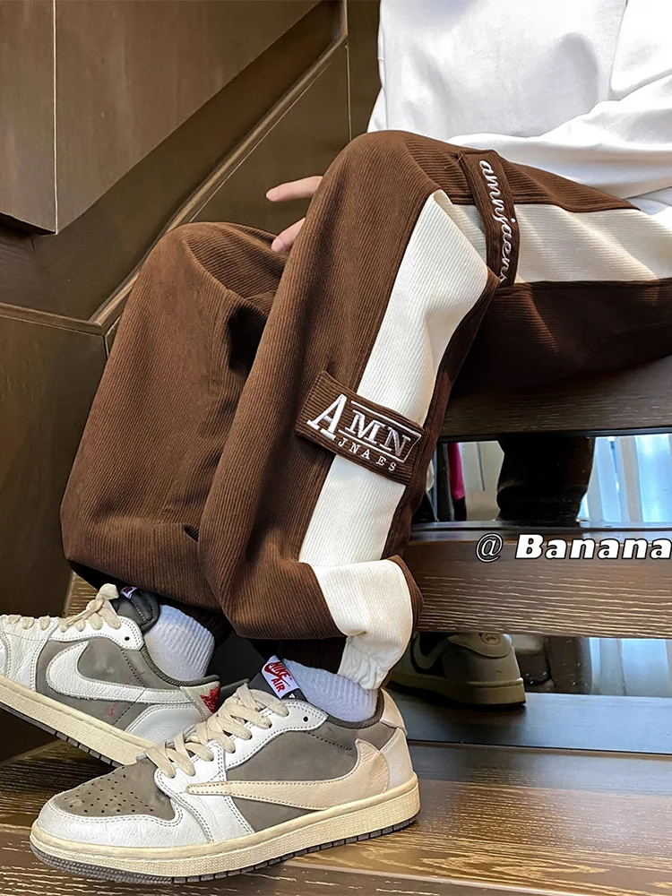 

Brown Corduroy Men's Autumn Faion American Retro Sports Pants Stripe Sweatpants Loose Fit Low Waist Long Pants Casual Pants