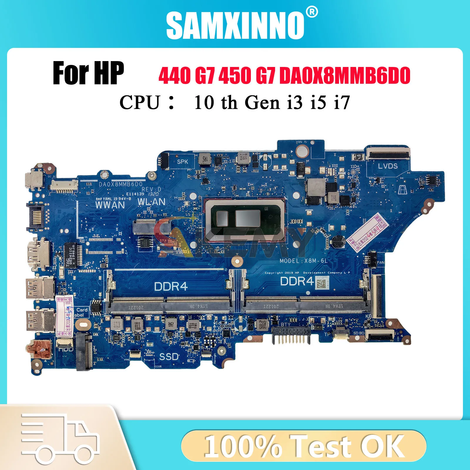 Placa base para ordenador portátil DA0X8MMB6D0 para HP ProBook 440 G7 450 G7 con i3 i5 i7 CPU de 10. a generación L78085-601 L78083-601 100% completamente probado