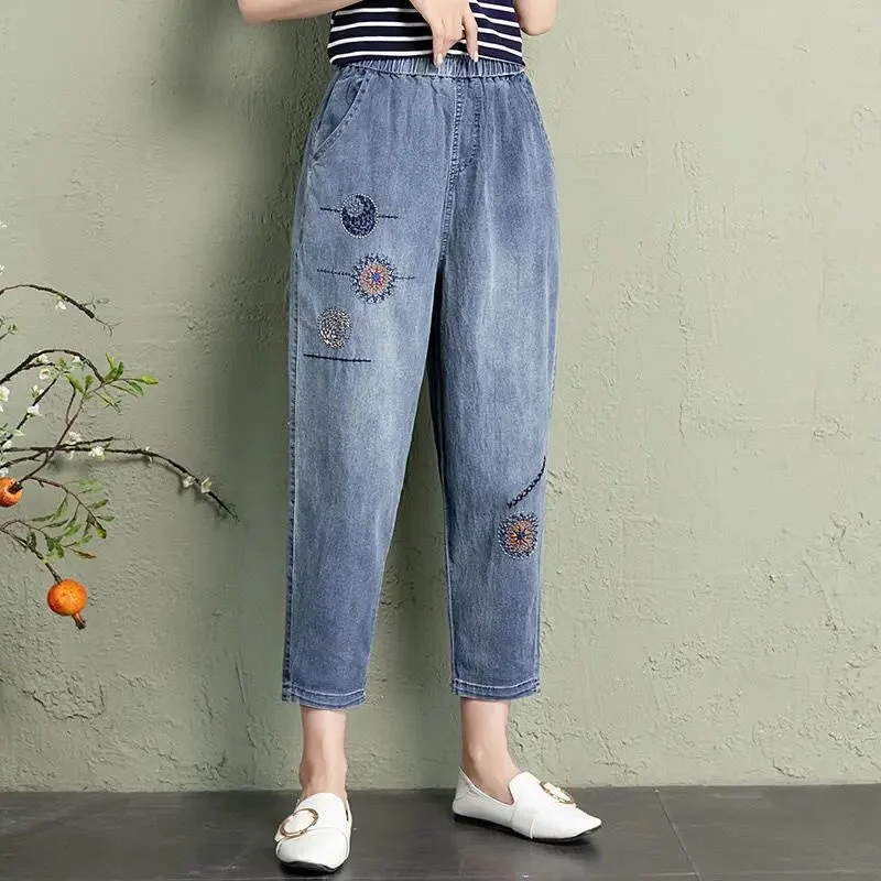 Vintage Floral Stickerei Hohe Taille Denim Hosen Dünne Harem Jeans 2022 Ethnische Stil Sommer Retro Lose Capris