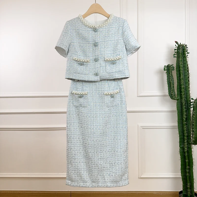 French Fragrant Tweed O Neck Beaded Top+long Skirt Suit Women Blue Pink Elegant Vintage High Quality Two-piece Lady Suit