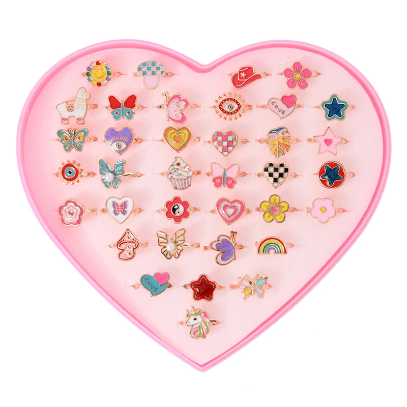 36 قطعة من حلقات التظاهر القابلة للتعديل للفتيات، ألعاب مكياج للأطفال، خواتم مجوهرات كرتونية مصنوعة من خليط معدني، هدايا عيد ميلاد للفتيات #4