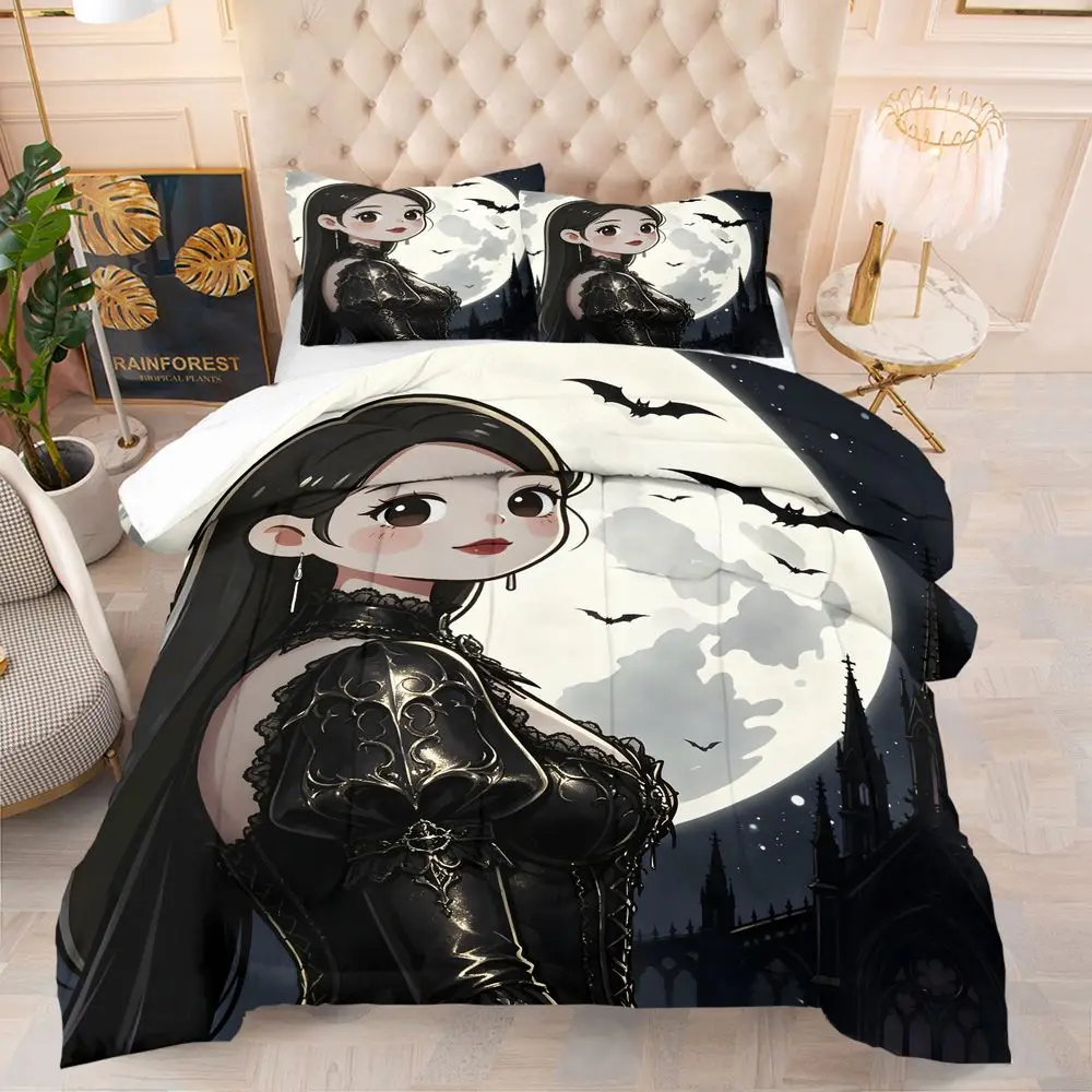 Gothic Bat Moon Castle Lady Comforter Set Quilt Bedding Set Pillowcase Dark Aesthetic Teen Bedroom Full Bedding Kit