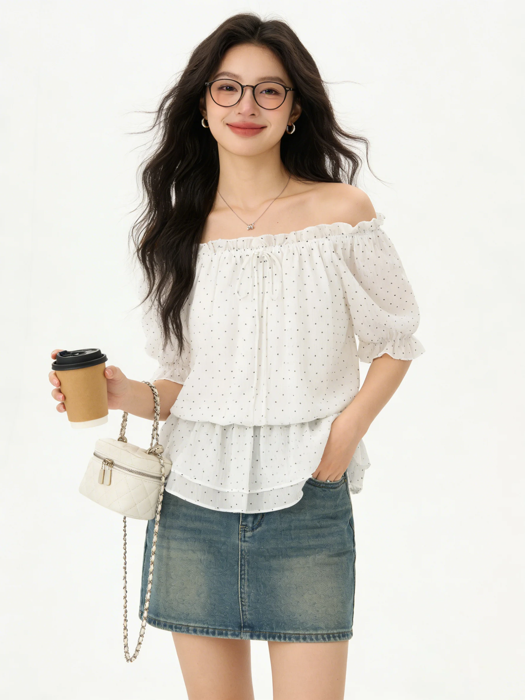 

Chic Anti-Aging Polka Dot Bubble Sleeve Shirt Summer Waist Cinching One-Shoulder Slimming Sweet White Dress Shoulder Bared