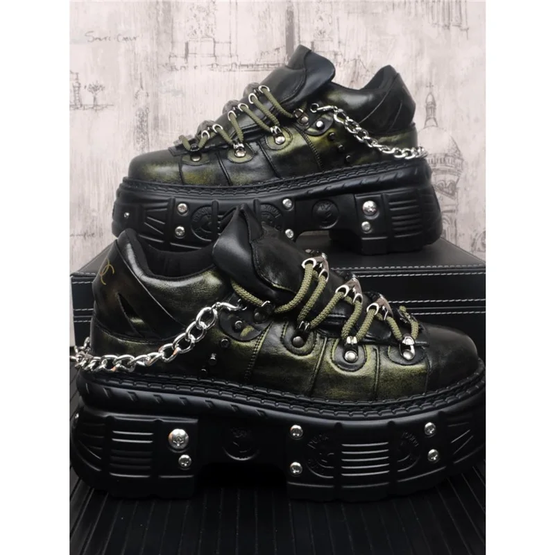 Metal Rivet Chain Women's Short Boots 2025 New Thick Sole Round Street Punk Rock Single Shoes Fashion Sports Casual Lace-Up Boot