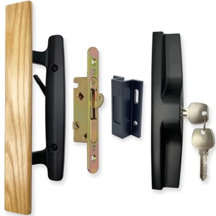 

Patio Sliding Patio Door Handle Set with Mortise Lock, Key Cylinder and Keeper, Wood Handle Lock Set Fits Door Thickness from 1