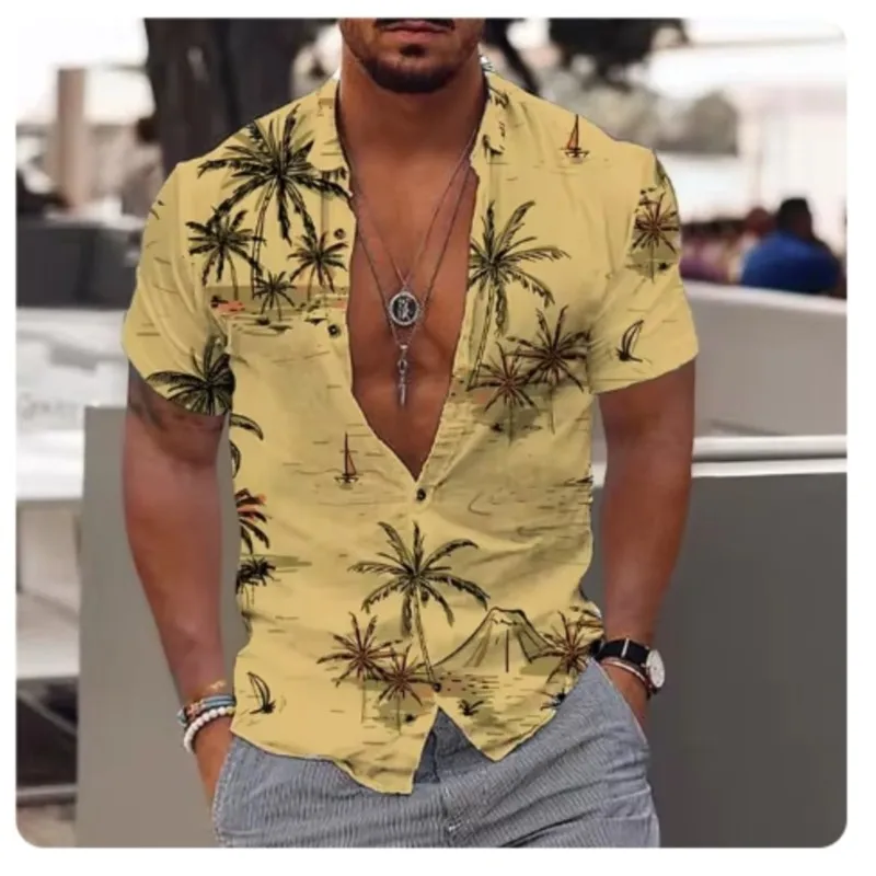 New Coconut Tree Men\'s Shirt Printed Patterns Hawaiian Shirt Beach Short Sleeve Fashion Casual Top Men\'s Cardigan Shirt Summer