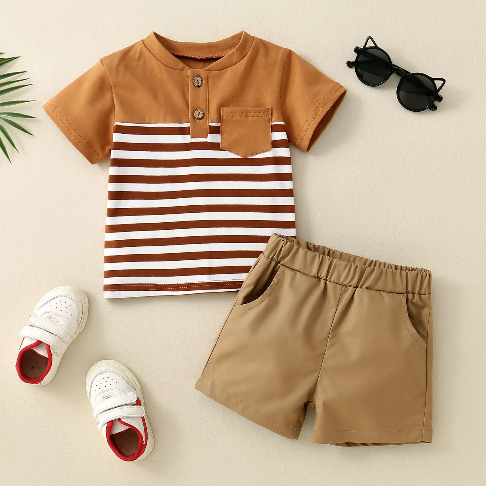 

2pcs Toddler Baby Boys Summer Clothes Sets Stripe Patchwork Short Sleeve Pocket T-Shirts Tops and Shorts 0-3Y Infant Clothing