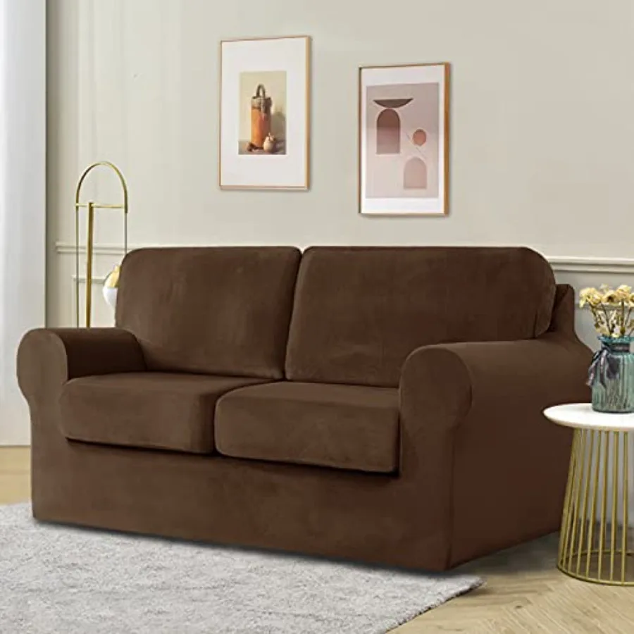 

5 Pieces Velvet High Stretch Sofa Covers for 2 Cushion Couch Sofa Slipcovers, Washable Furniture Protector with Drawstring Anti