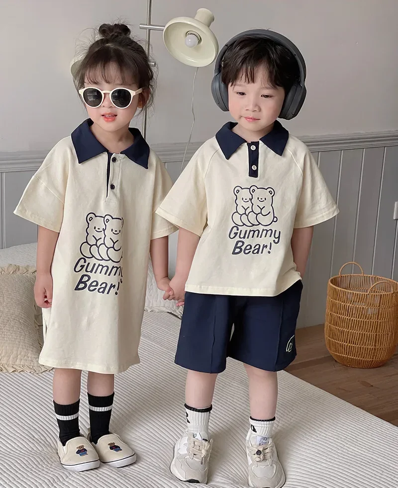 Korean Summer Children Siblings Attire Cartoon Bear Letter Printed Baby Girl Dress Cotton Polo Shirt Dog Shorts Kids Boy Outfits