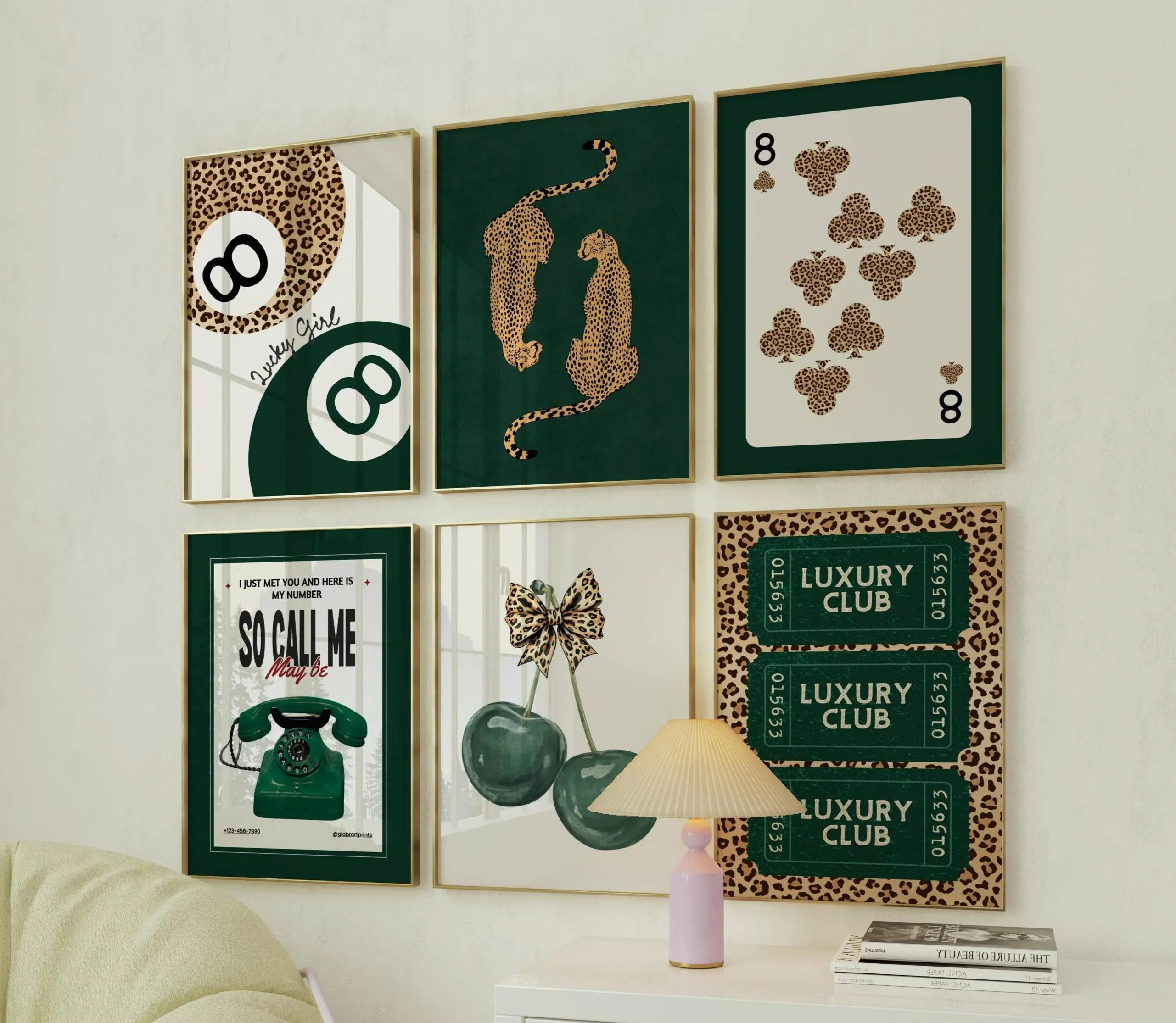 3/6 Stück Smaragdgrün Nr. 8-Ball & Leopardenmuster Tier-Leinwanddruck Kirschholz-Spielkarten Wandkunst Poster für Moderne Heimdekoration