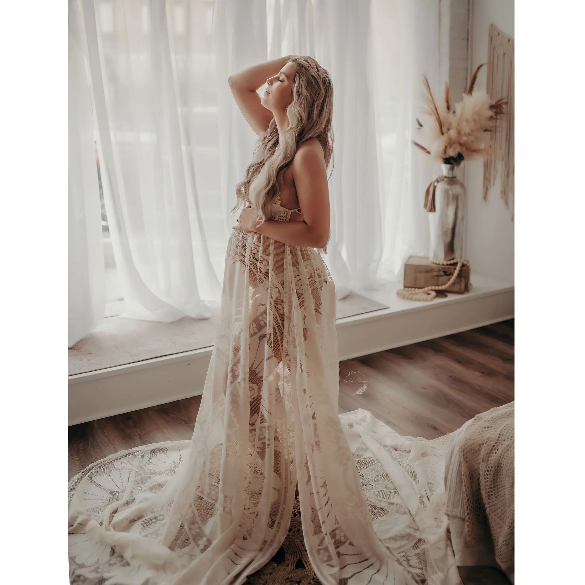 Don&Judy Crochet Smocked Maternity Maxi Dress with Spaghetti Straps Lace Overlay Ideal for Garden Parties Baby Showers