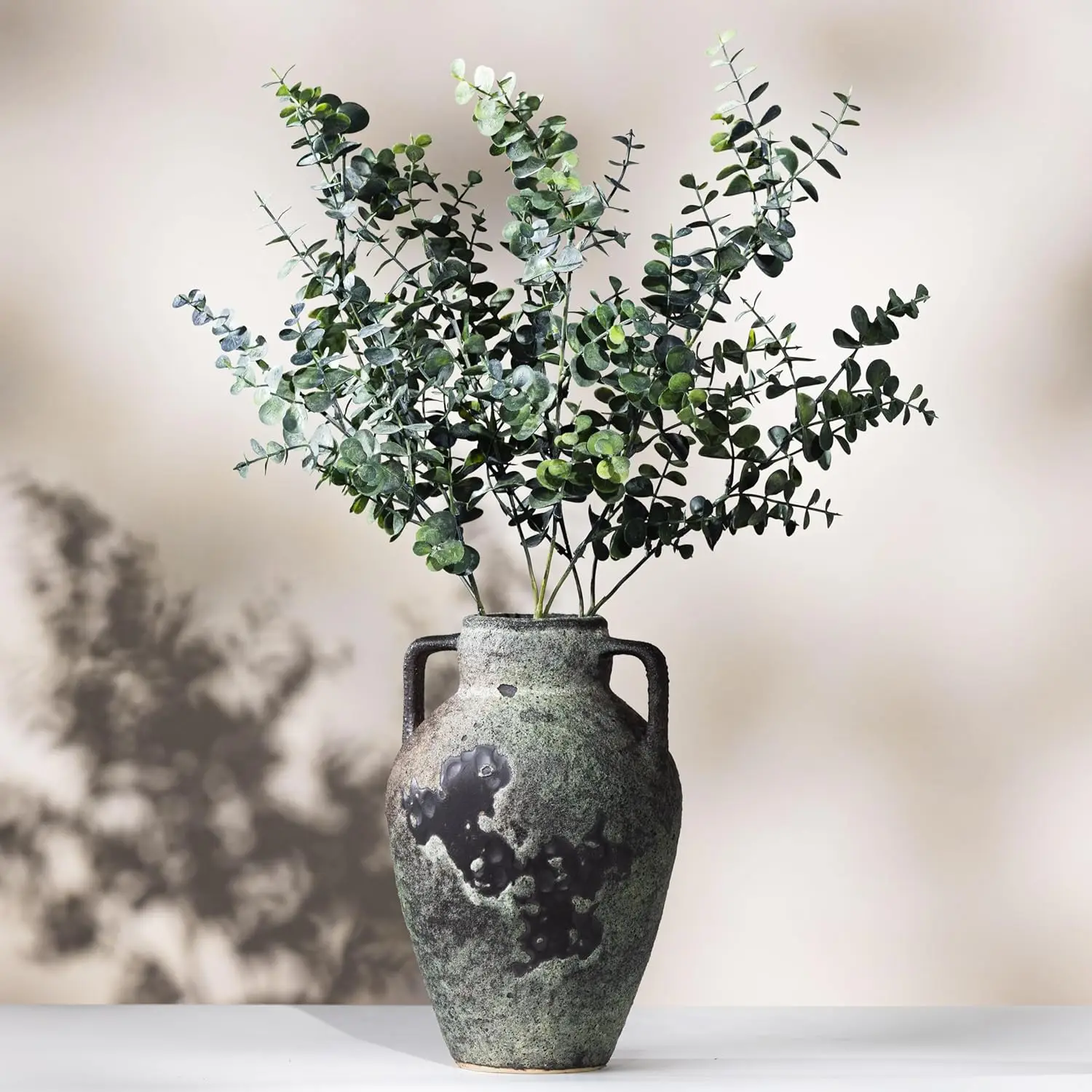 Rustic Ceramic Vase 12 Inch with 3 Artificial 22 Inch Eucalyptus Stems Antique Style Vase for Home Decor Vintage