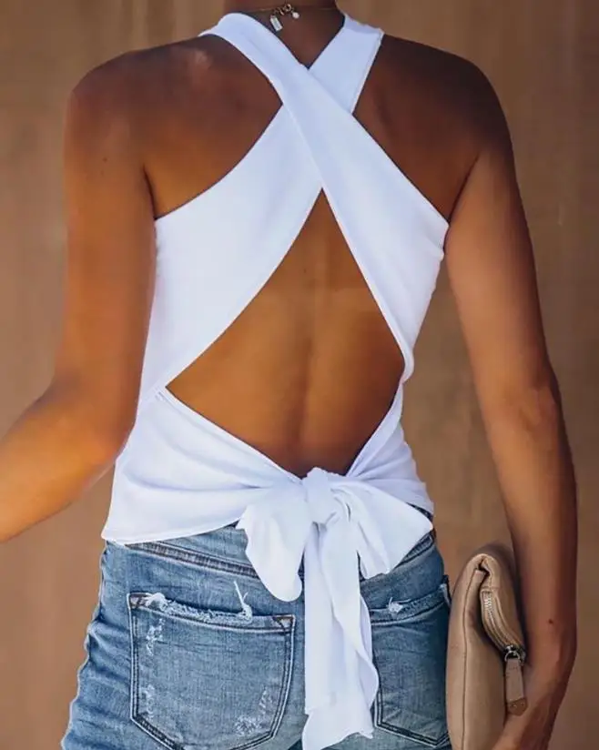 

New Fashion Tank Top for Women 2024 Summer V-Shaped Collar Sleeveless Crisscross Backless Tied Detail Daily Vacation Top