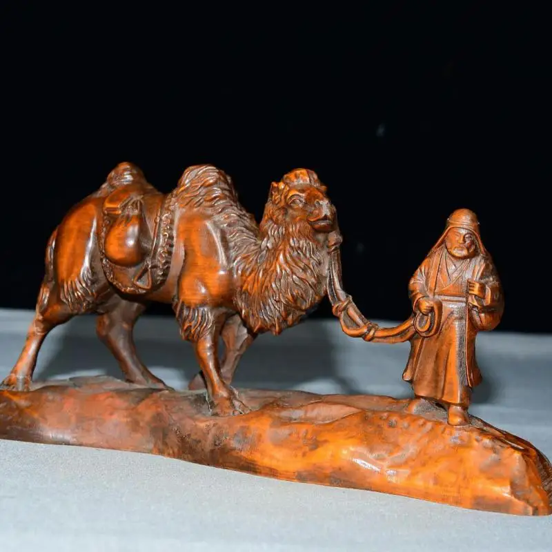 Boxwood Carving Arabs Leading Camels Silk Road Figurine Hand Carved Wooden Sculpture Home Decor