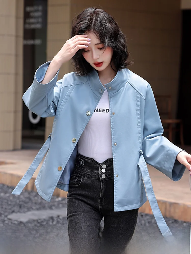 

Женская кожаная куртка Ning ort 2025: Новинка, модная весенне-осенняя модель из натуральной кожи с поясом