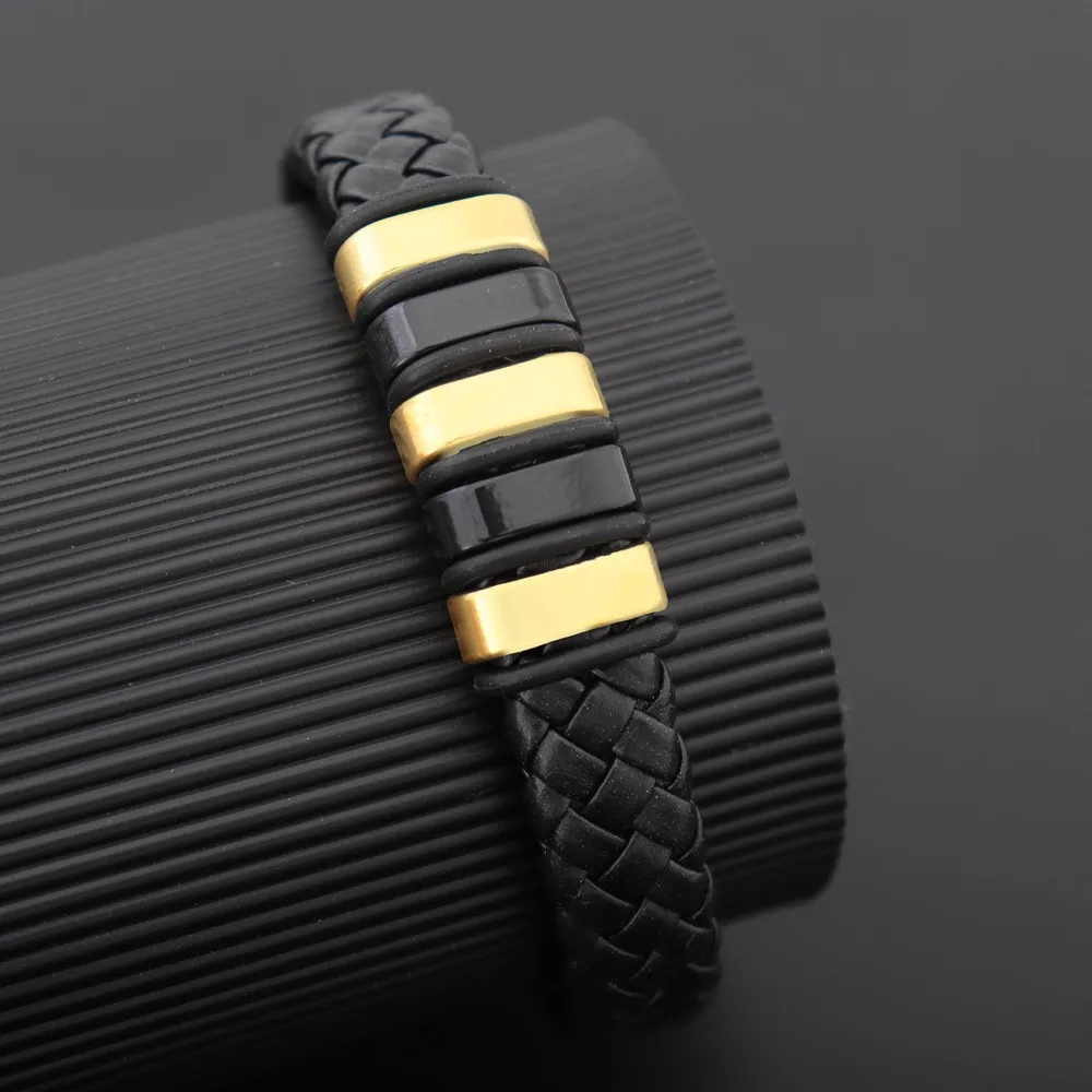 Fashion Braided Wrap Rope Black Leather Bracelets For Men Simple Stainless Steel Charm Vintage Magnet Clasp Bangles Jewelry Gift