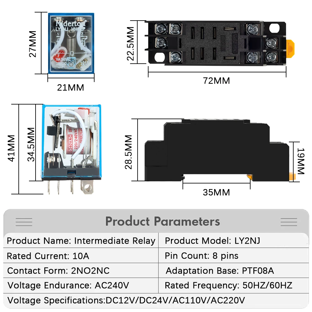 1pcs DC 12V 24V AC 110V 220V 10A 8PIN Coil Power Relay LED Lamp DPDT LY2NJ HH62P HHC68A-2Z With Socket Base Intermediate Relay ﻿