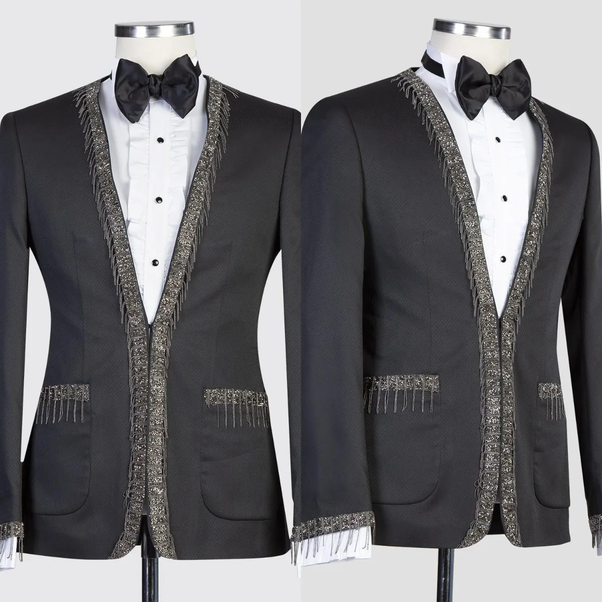 Luxury Black Tuxedo Blazer with Silver Rhinestone Fringe Trim and Notch Lapel Men Gala Party Jacket Customized M266632