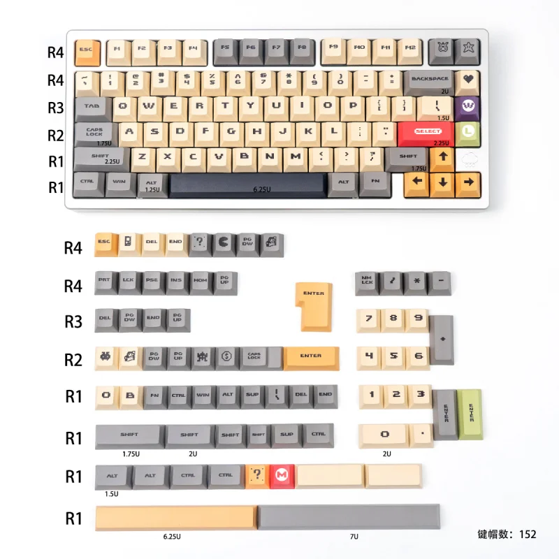 

Super Mario Gray Yellow/White Mechanical Keyboard Keycaps PBT Sublimation Cherry Original Factory 152 Key Adaptation wooting