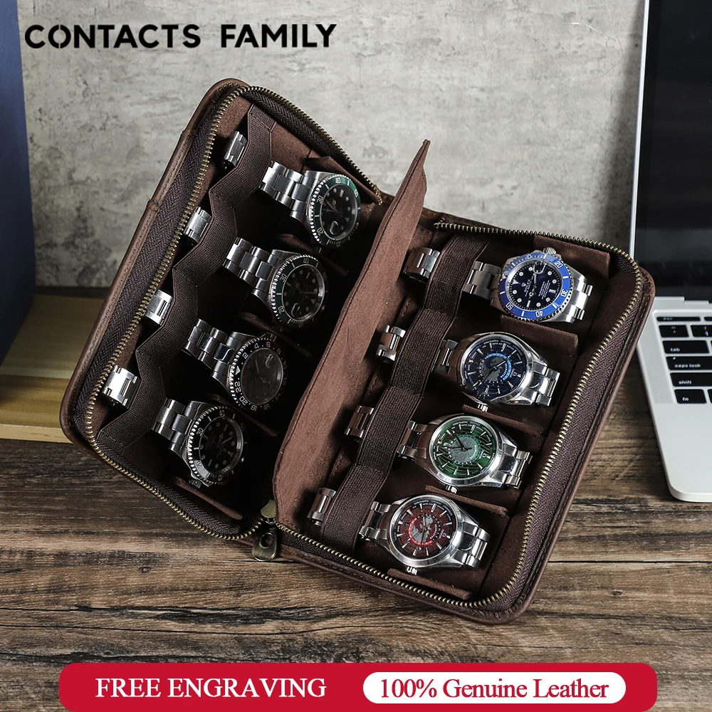 

CONTACTS FAMILY Genuine Leather Travel Dustproof Embedded Watch Box Zipper Portable Storage Case Watch Box For Trips Gifts
