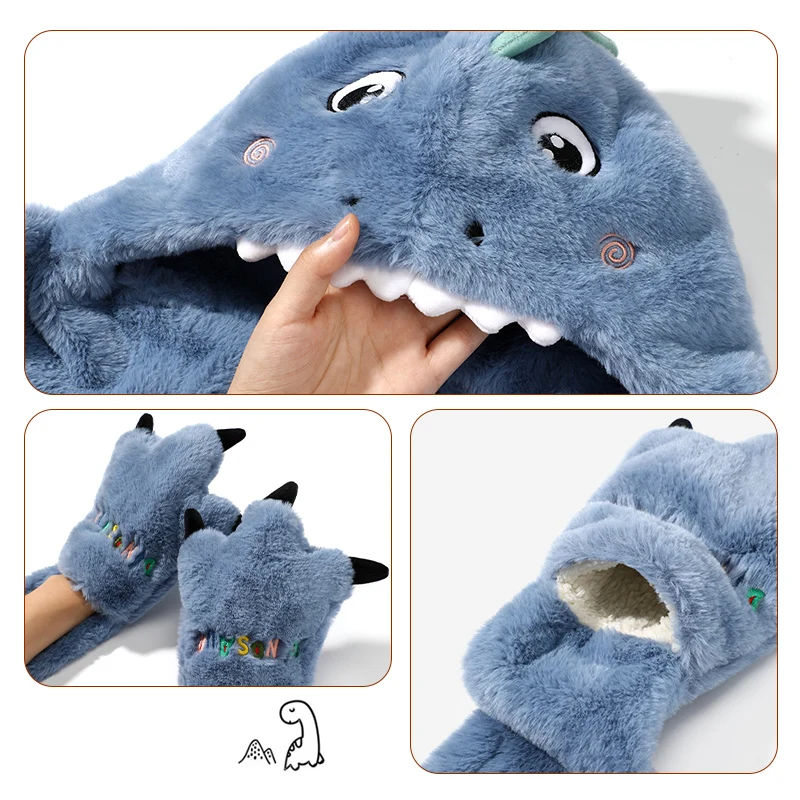 Children\'s Winter Hat Cartoon Dinosaur Plush Scarf Hat Scarf Scarf One Winter Thickened Warm Scarf Boys Girls Earmuffs Hat