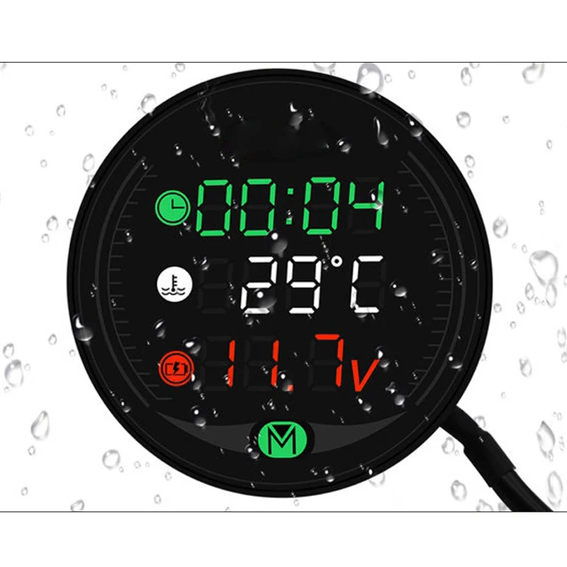 AU16-5 In 1 Motorcycle Water Temperature Meter USB Rechargable Time Voltmeter LED Night Vision Meter With Temperature Sensor