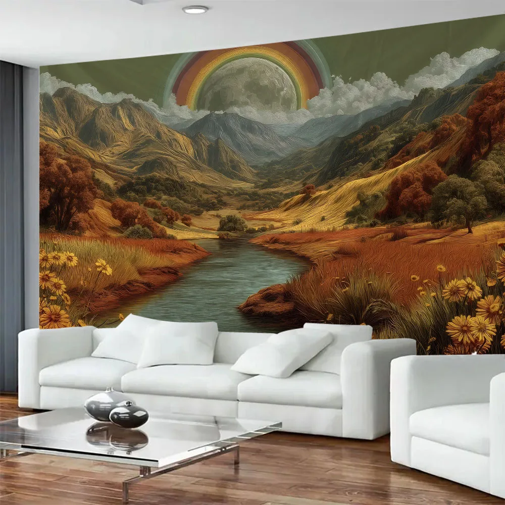Vintage Sunrise Landscape Tapestry with Rainbow Coconut Tree - Aesthetic Hippie Wall Blanket for Party Background Decoration