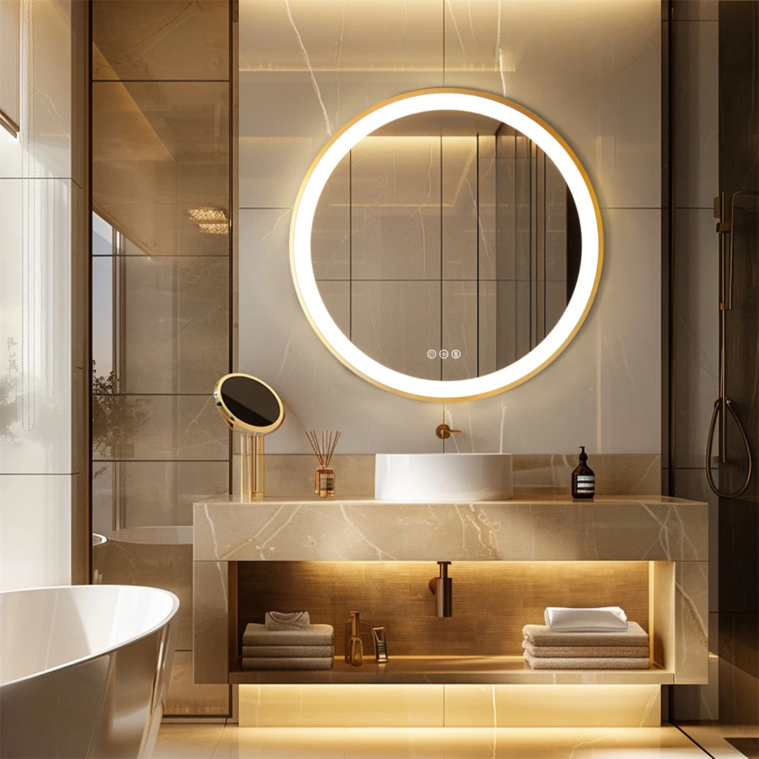 with LED Lights Illuminate Wall Vanity Mirror 3 Color Dimming Quick Defog LUVODI 32Inch Waterproof Gold Frame Bathroom Mirror
