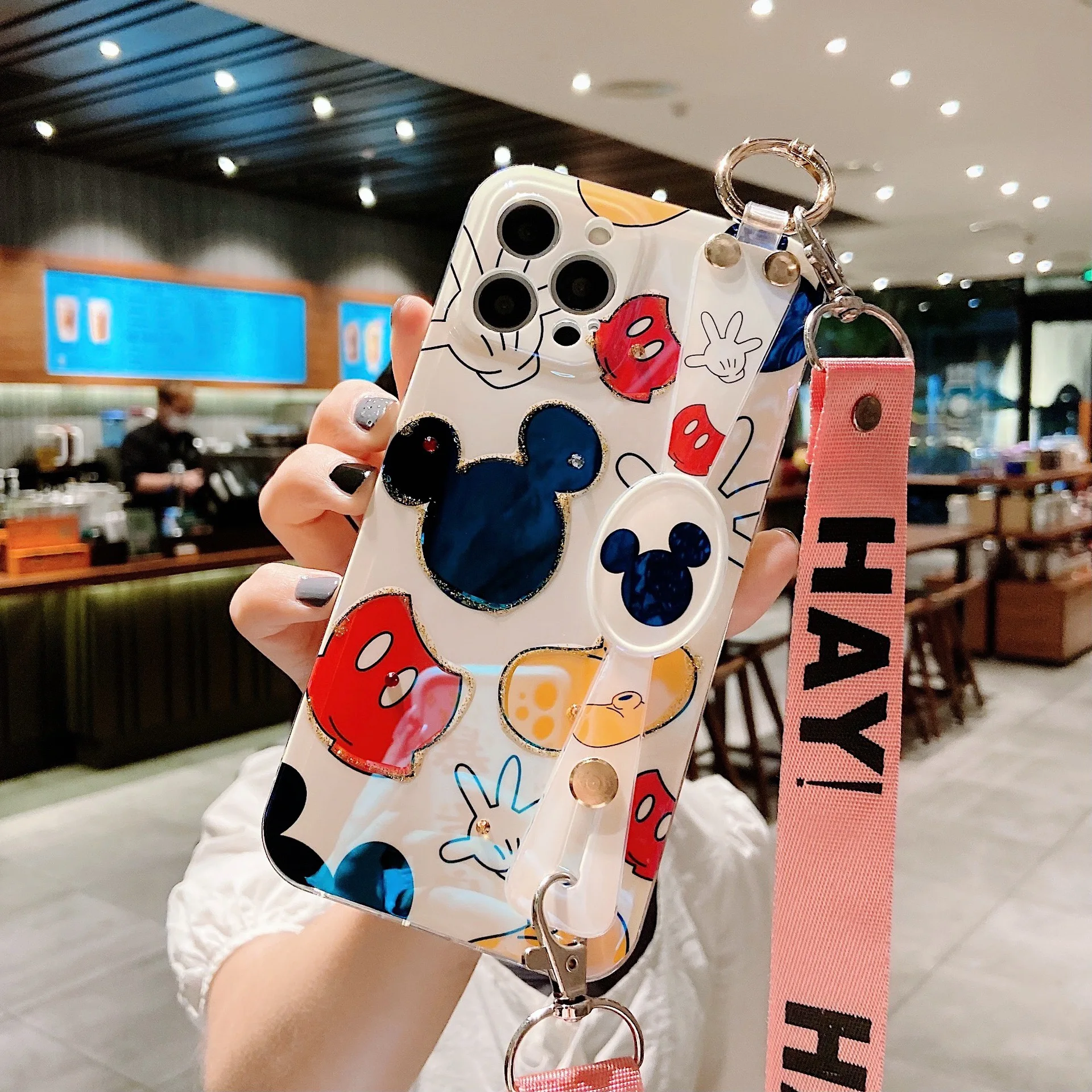 Funny Cartoon Mickey Mouse Wrist Strap Bracket Phone Cover For iPhone 11 12 13 14 15 Pro Max Disney Cute Crossbody Strap Case