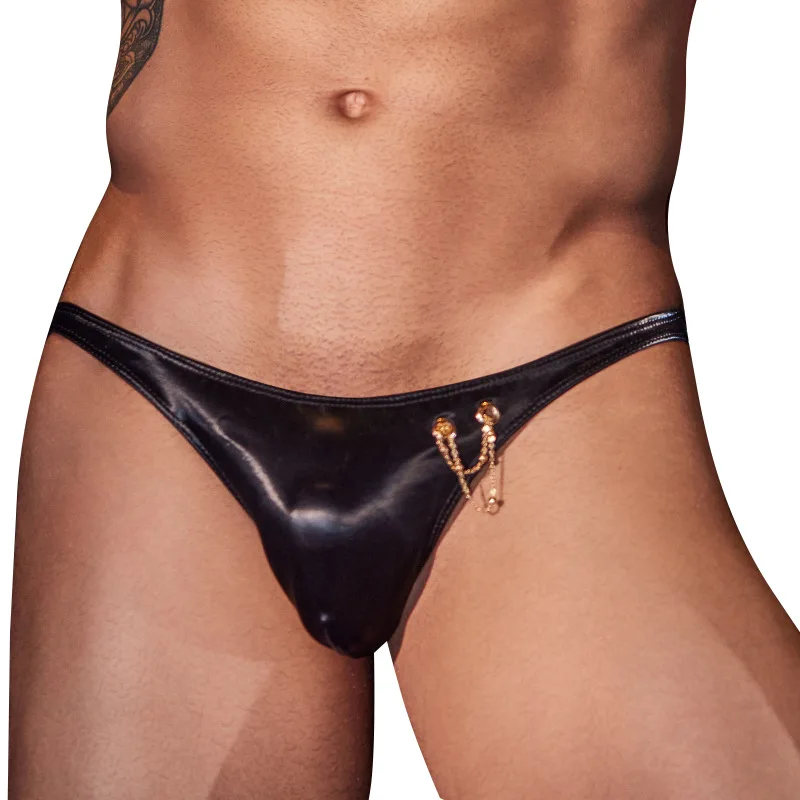 

Mens Sexy Underwear Low Rise Briefs Soft Leather Slim Fit T Back Unde Leather Intimate Erotic Lingerie Removable Chain Thong