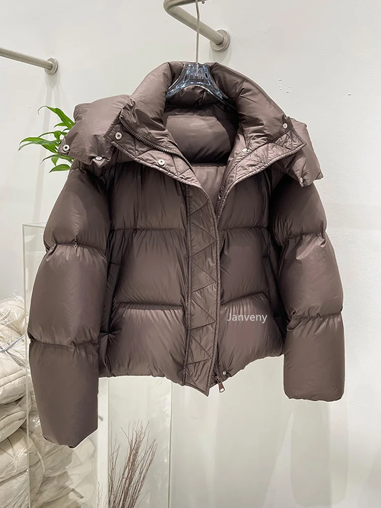 Chaqueta de plumón de pan corto de espesor para mujer, abrigo acolchado liso cálido de invierno con capucha, abrigos de plumón de pato 90%, Parkas esponjosas para mujer