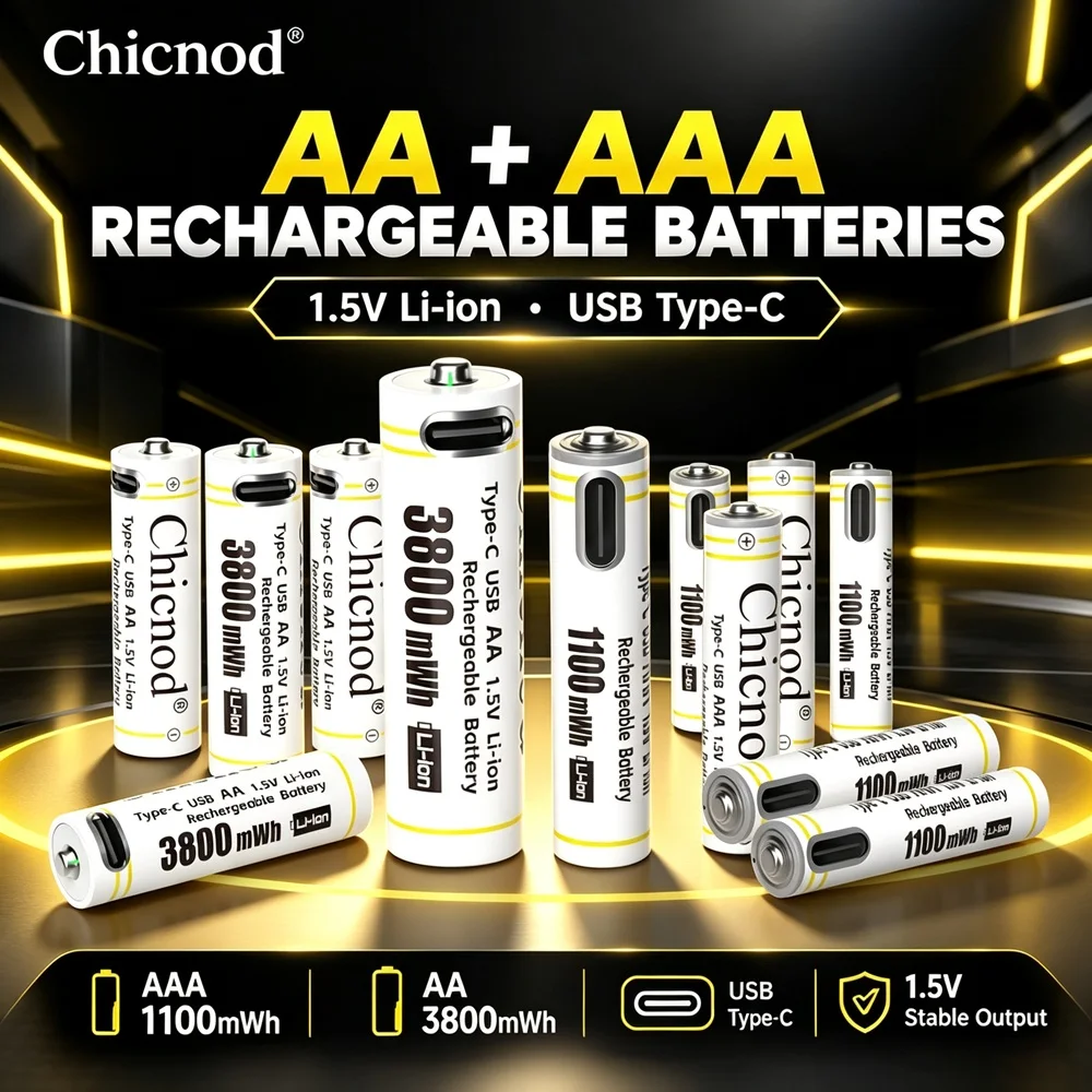 CHICNOD AAA 1,5 V, 1100 mWh, AA 1,5 V, 3800 mWh – akumulatorowe baterie litowo-jonowe, ładowanie przez USB-C, duża pojemność, stabilne napięcie, do urządzeń.