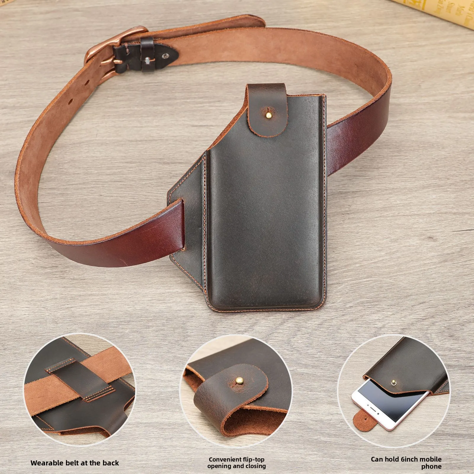 Crazy Horse leather retro men's mobile phone storage, cowhide men's waist bag with belt, anti-loss outdoor waist bag