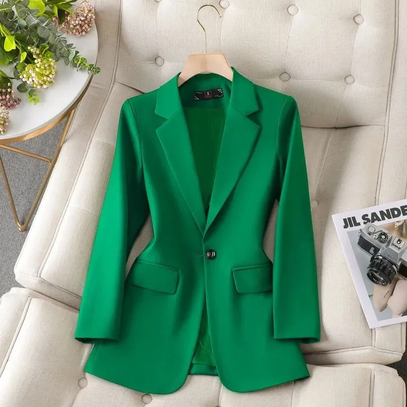 Blazer vert à manches longues pour femme, veste droite à bouton unique, manteau formel, vêtements de travail pour dames de bureau, nouveau, 2024,