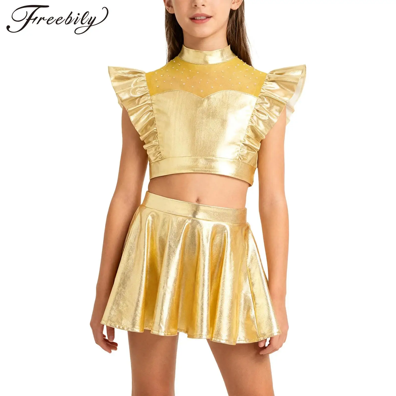 

Детский костюм для джазовых танцев и чирлидинга для девочек: блестящий металлический топ с сеткой и стразами и кюлоты для вечеринок и танцев