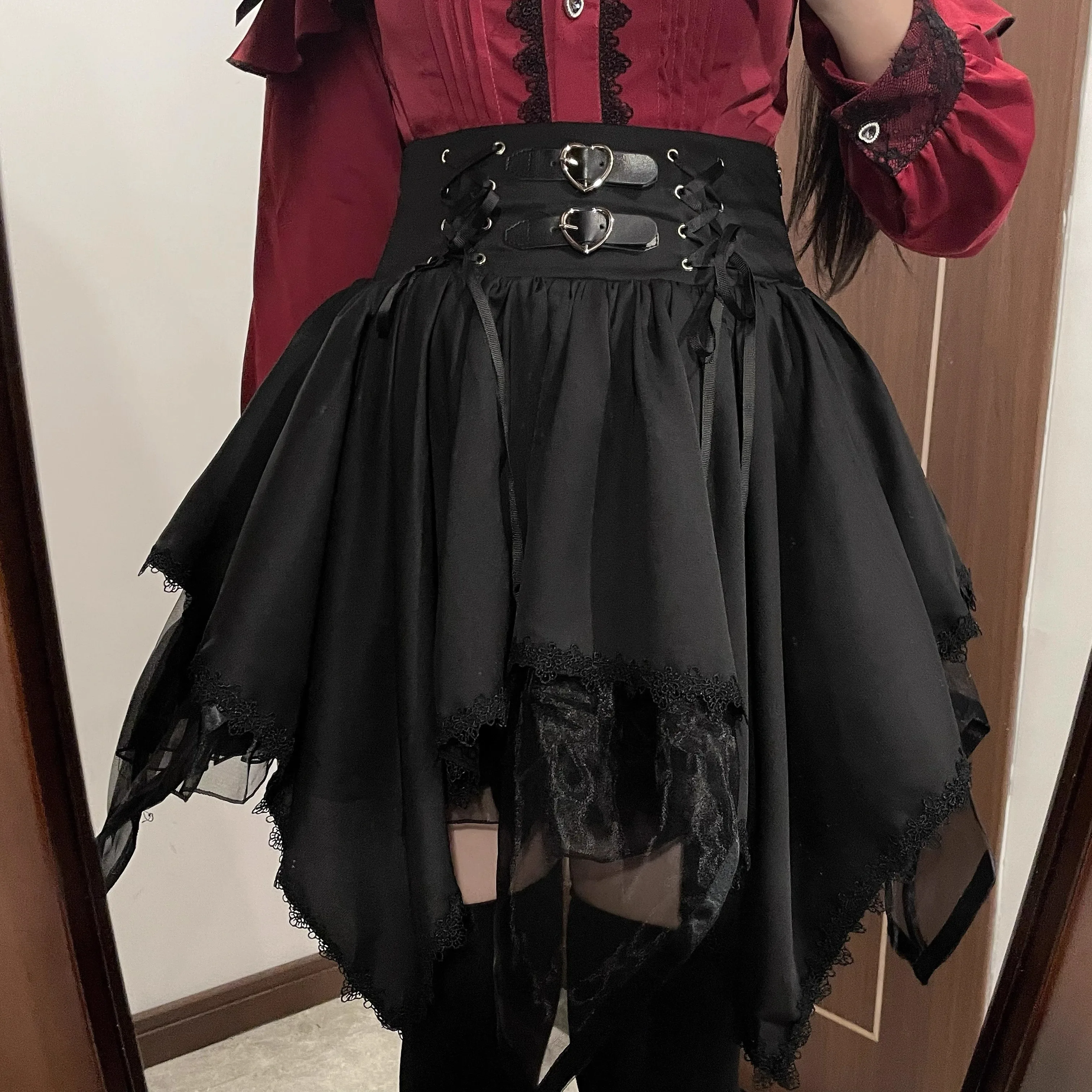 Japanese Mines Detachable Flying Sleeves Straps High Waist Leather Buckle Lace-up Irregular Multi-layer Black Short Skirt Women