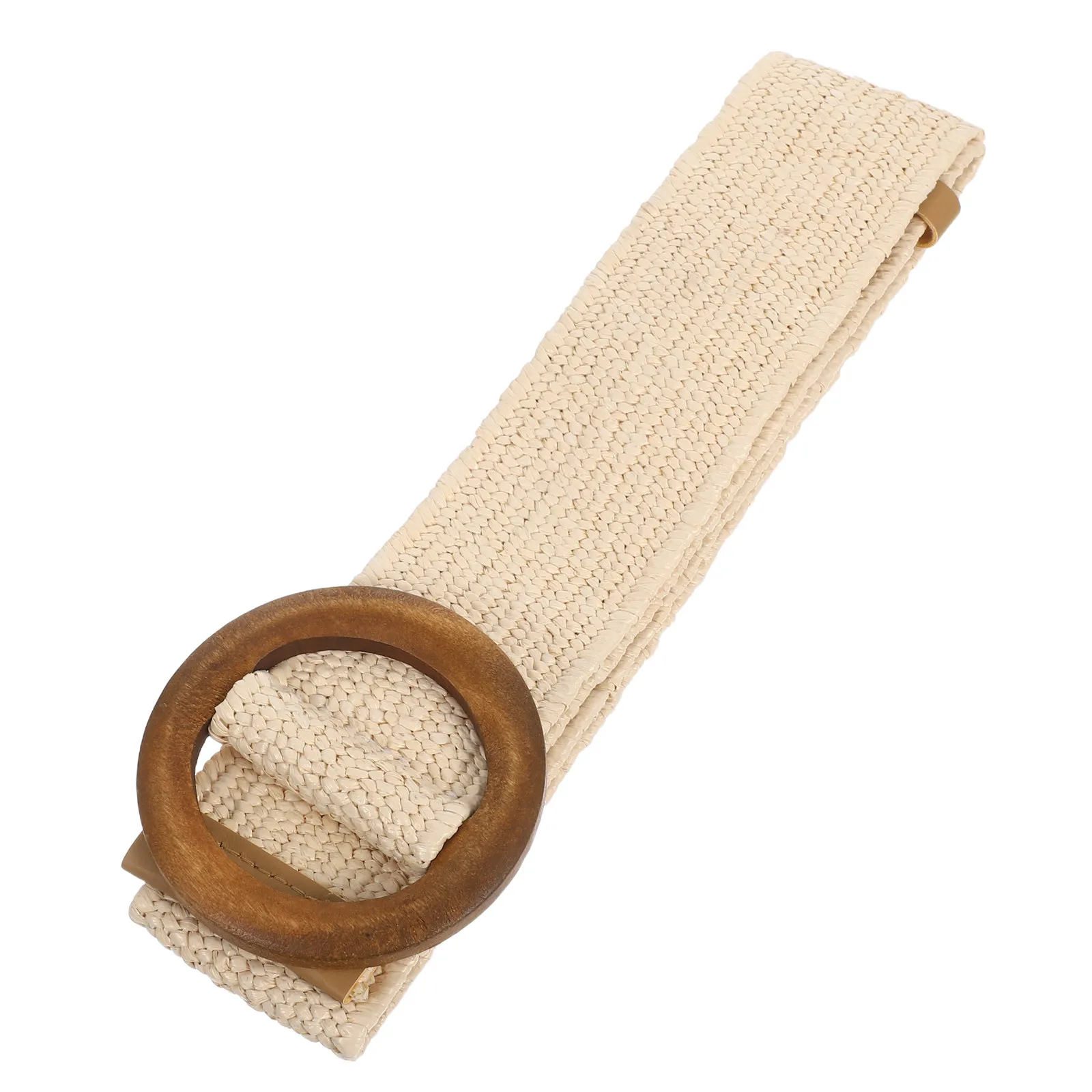 Cinturón Elástico de Rafia Tejido a Mano para Mujer con Hebilla de Madera, Cinturón Boho para Vestido, Elástico, Ligero, Casual y a la Moda