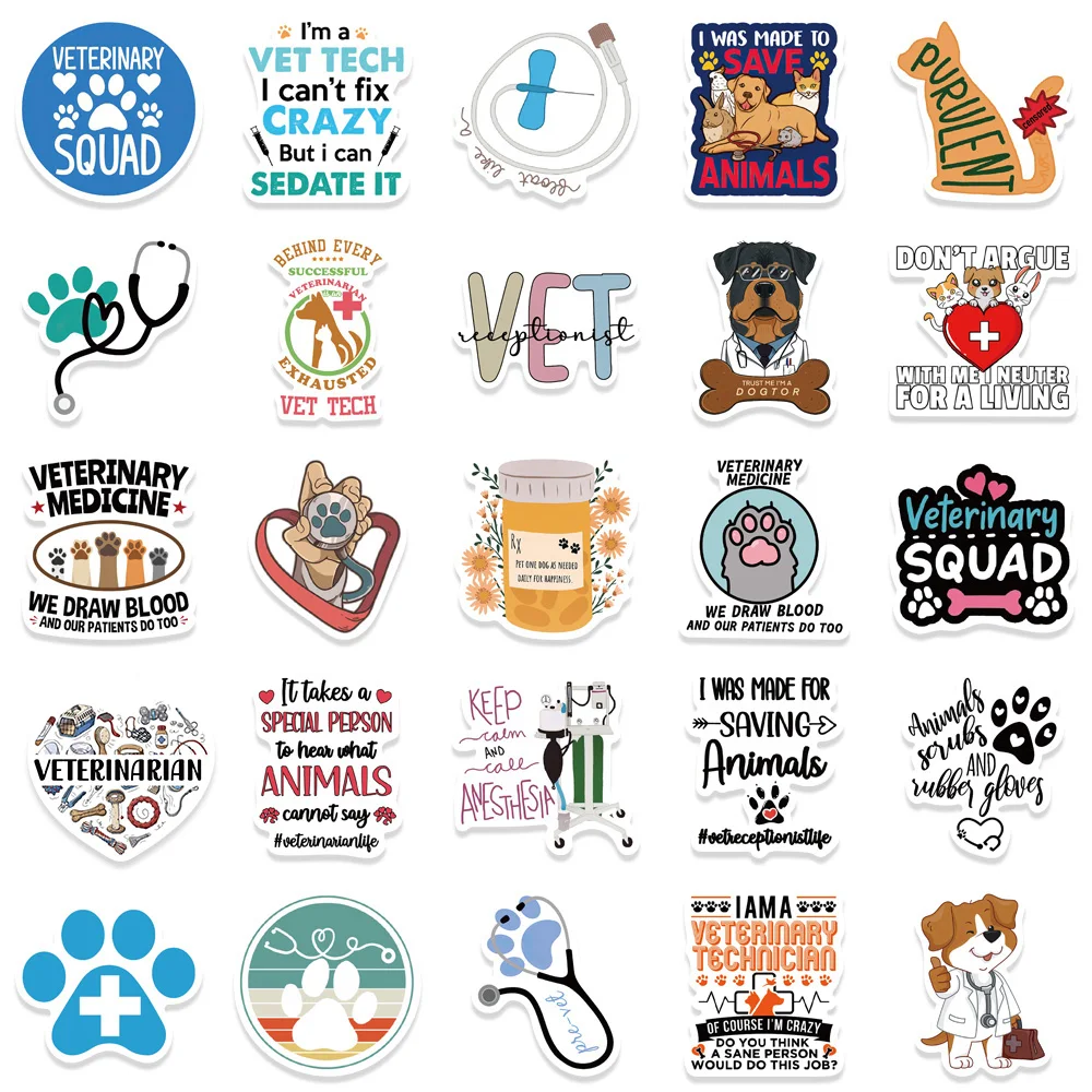 50Pcs Cartoon Veterinary Stickers Vinyl Pet Doctor Stickers Decals for Laptops Water Bottles Luggage Vet Accessories for Work