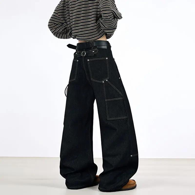Wide Leg Baggy Jeans Multiple Buttons Loose Denim Pants Streetwear Harajuku Hip Hop Jeans for Women