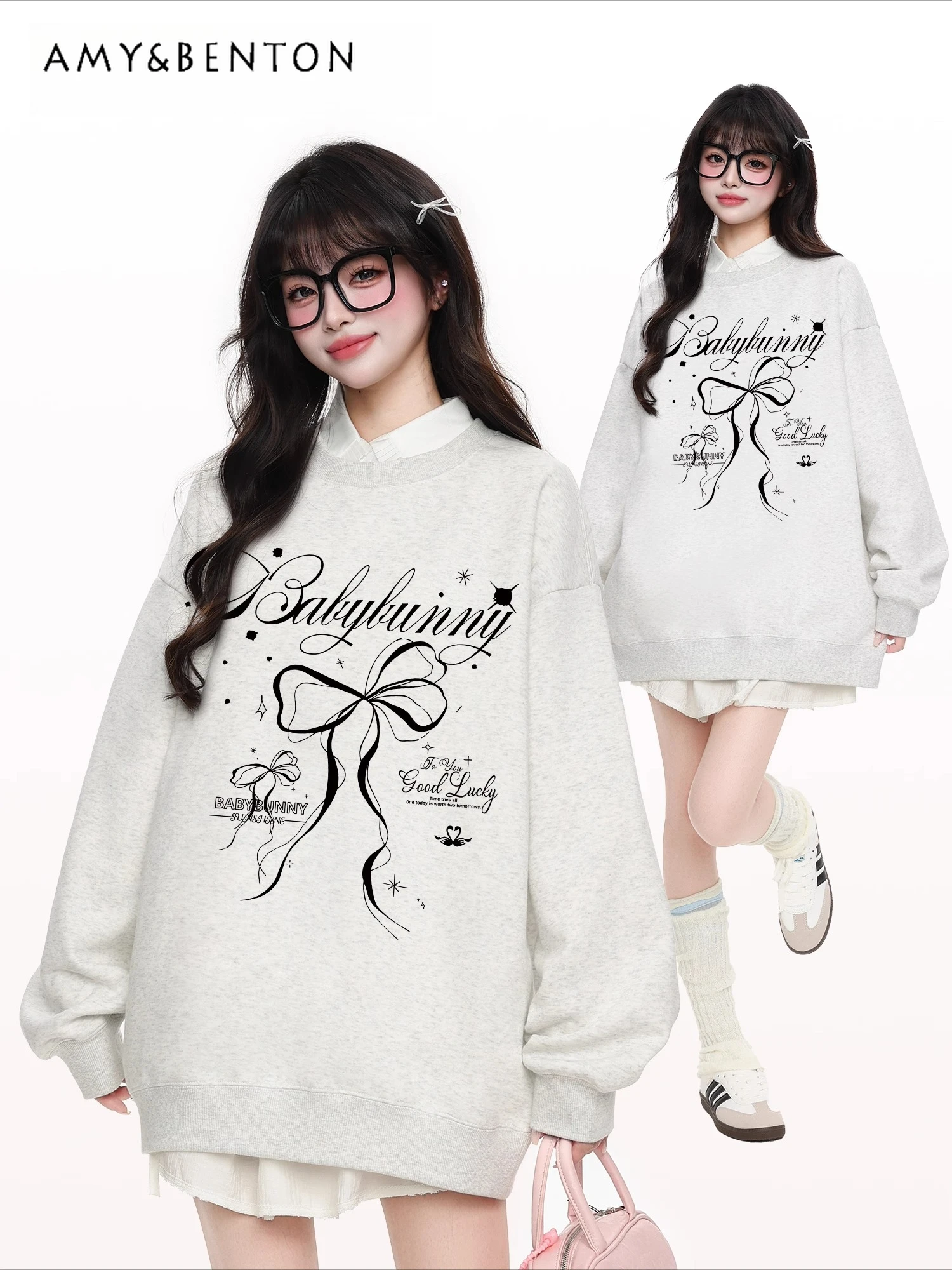 

2025 Autumn Winter New Korean Style Bowknot Print Wine Red White Round Neck Sweatshirt Gray Blue Apricot Loose Casual Velvet Top