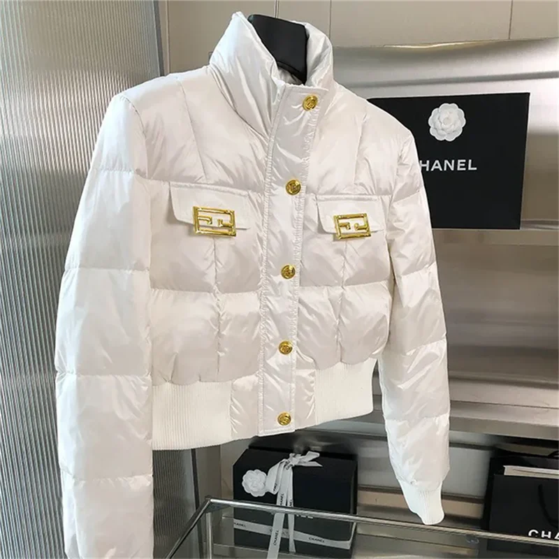 Chaqueta corta de algodón grueso para mujer, abrigo informal holgado de color puro, prendas de vestir exteriores blancas, otoño e invierno, 2024