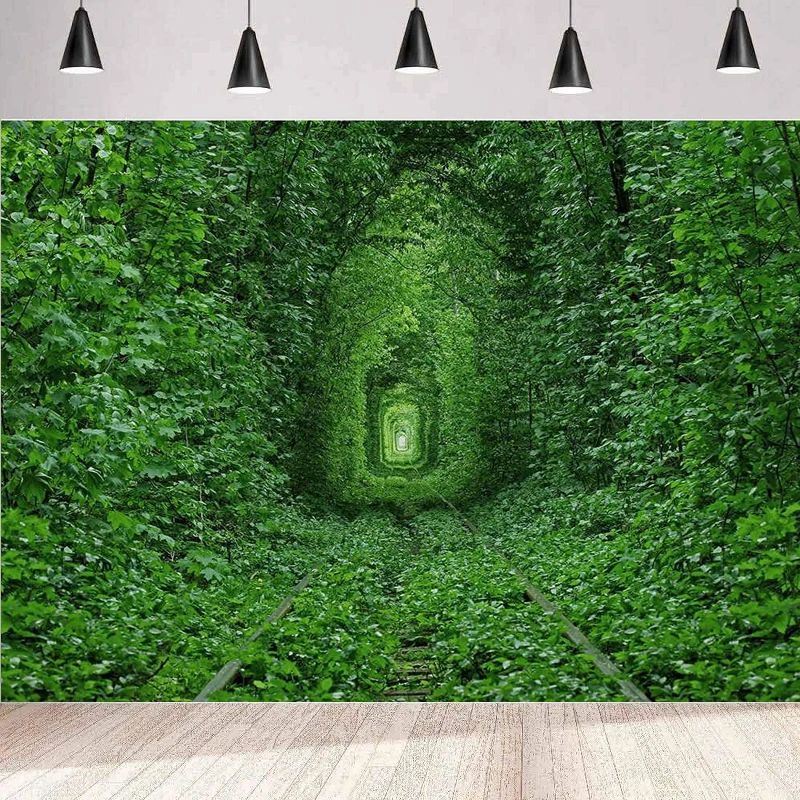 Spring Plant Photography Backdrop Abandoned Railway Tracks in Forest Green Tunnel Background Wall For Decor Photo Booth Props