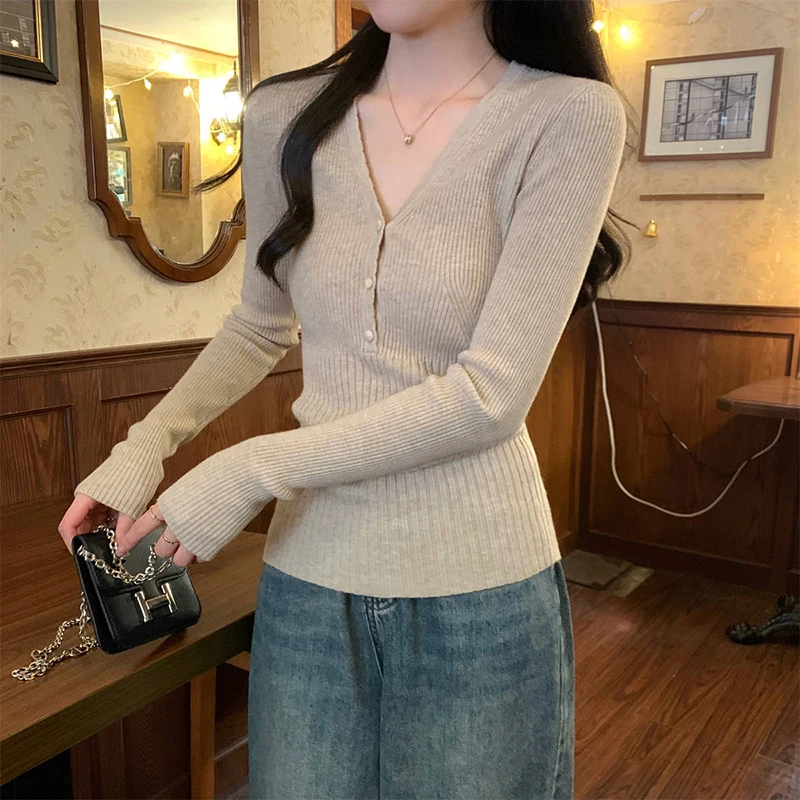 Stretch Slim Fit V-Neck Knitted Sweater Women Spring Autumn Sexy Tight Button Long Sleeve Pullovers High Quality Ribbed Knitwear
