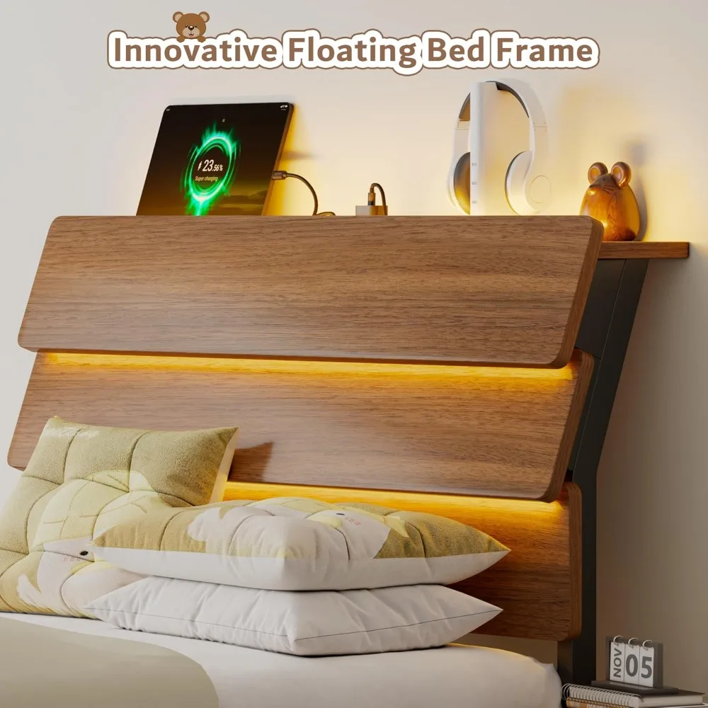 iPormis Floating Twin Metal Bed Frame with LED Lights & Charging Station, Platform Bed with Wooden Storage Headboard, Heavy Duty