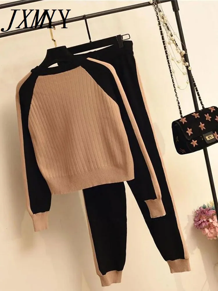 Casual Two-Piece Sweater Cardigan Jacket Women Autumn New Womens Knitted Suit Fashion Baseball Sports Zip Top And Pants Set