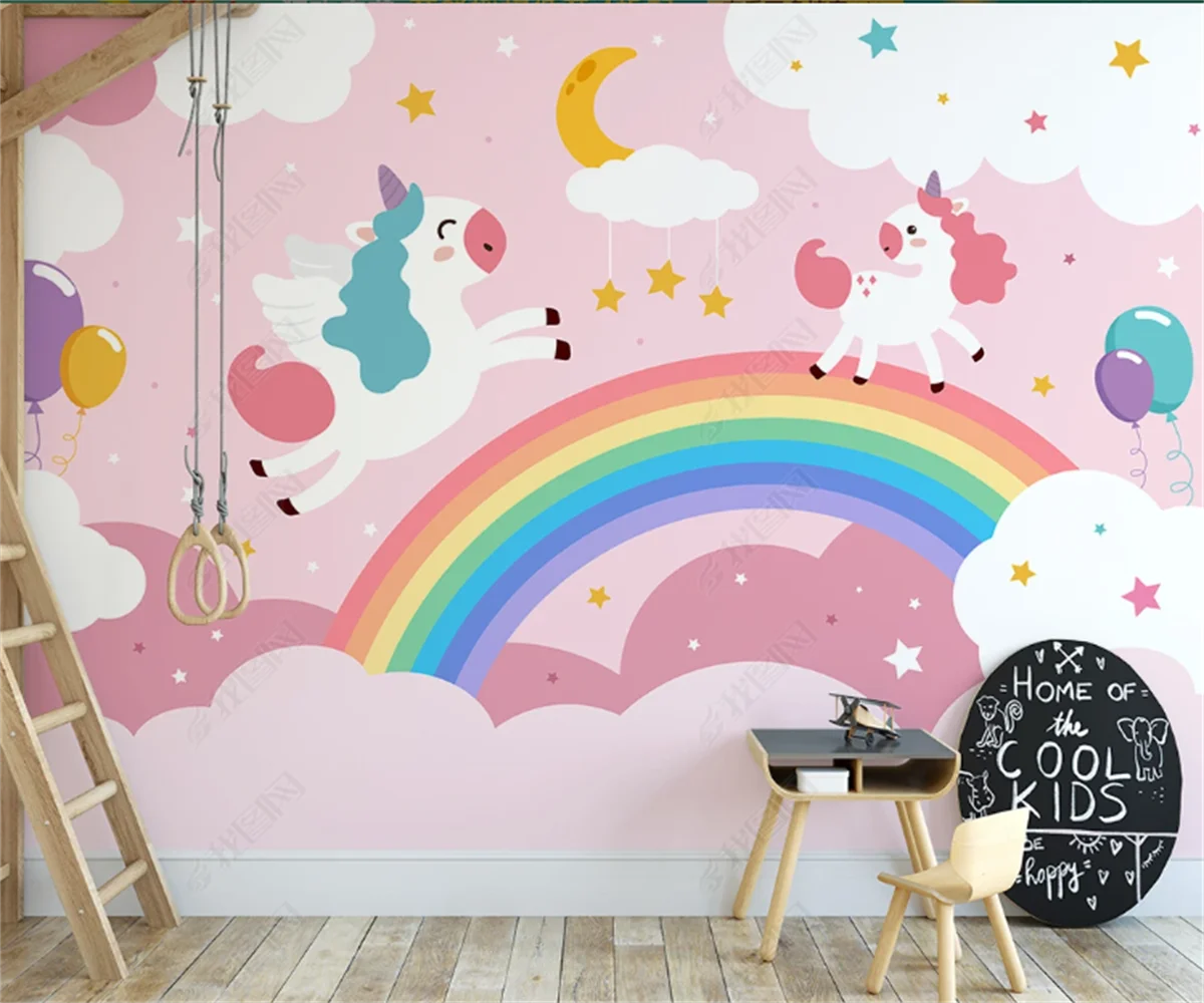 beibehang Customized modern Nordic i-painted rainbow unicorn cartoon castle starry sky children's room background wallpaper