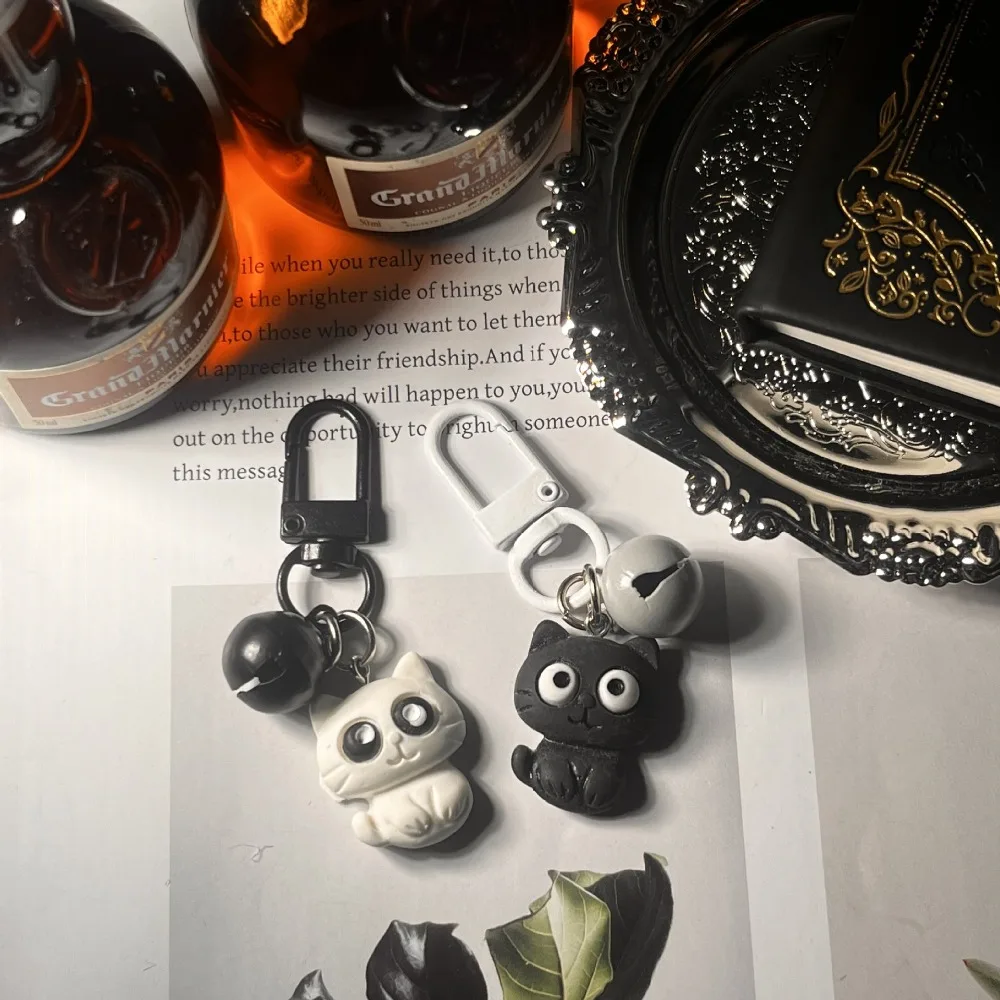

Cartoon Black White Kitten Cute Versatile Keychain Bag Hanging Decoration Keyring Daily Simple Couple Key Ring Exquisite Gift