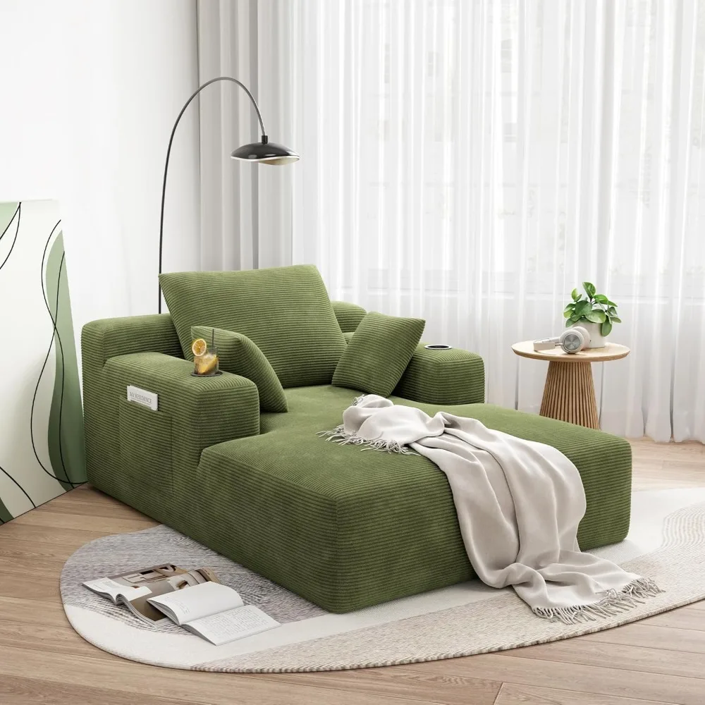 

71.6" Oversized Chaise Lounge Chair Indoor with Cup Holders & Storage - Corduroy Sofa Bed for Living Room, Reading Nook
