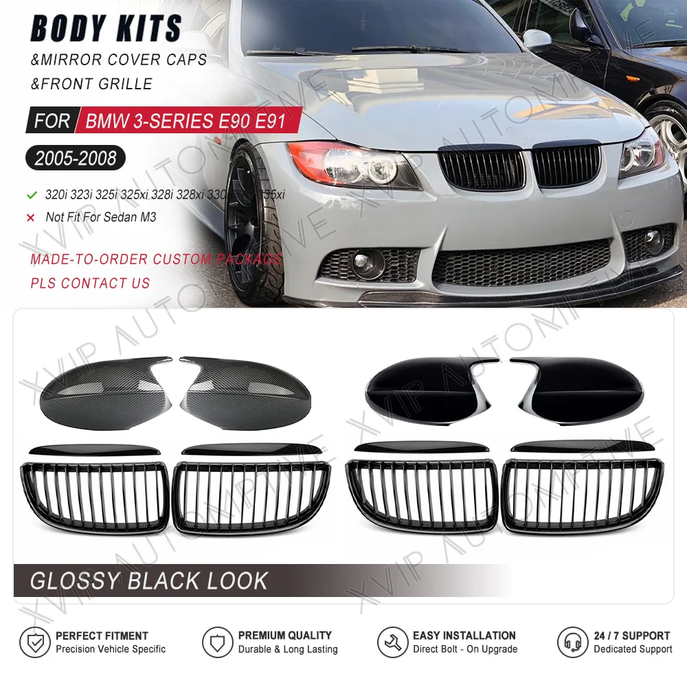 Glossy Black Single Slat Front Kidney Grille Rearview Mirror Cover Caps For BMW 3-Series E90 E91 2005-2008 323i 328i 335i 330i