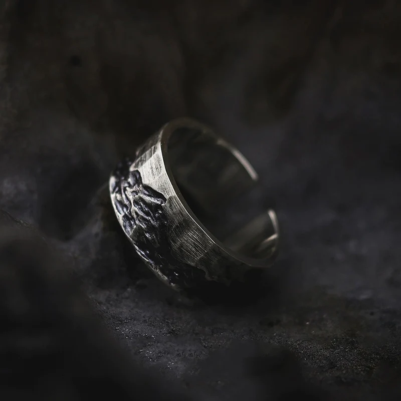 High End Retro Hammer Pattern Mountain Ring Open Mouth Versatile Ring Unique Thai Silver Ring For Male KOFSAC